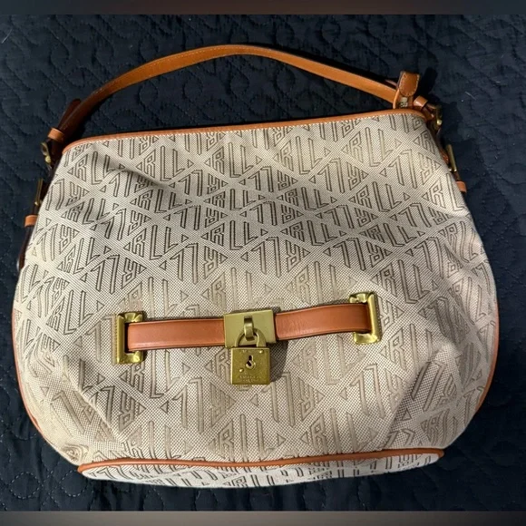 Ralph Lauren Cream and Tan Crescent Hobo Bag with Metal Accent - Picture 3 of 11